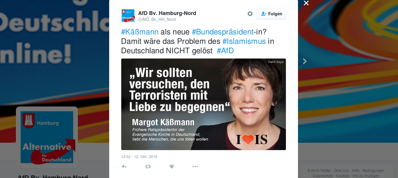 Schriftzug auf Bild: "Wir sollten versuchen, den Terroristen mit Liebe zu begegnen" - Margot Käßmann - Frühere Ratspräsidentin der Evangelischen Kirche in Deutschland, liebt die Menschen, die uns töten wollen.